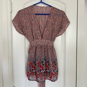 Women’s Pink Floral Flowy Blouse Deep V Neck Tie Waist